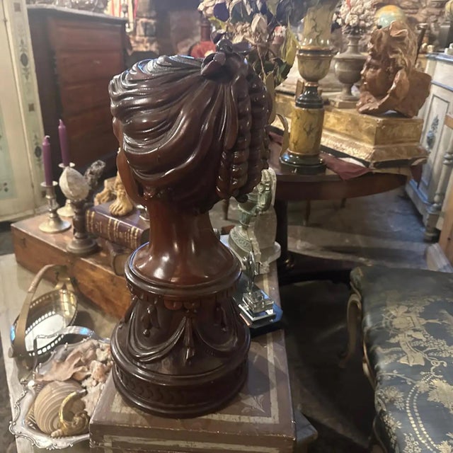 1900s A Sicilian Art Nouveau Wood Sculpture of a Bust of a Young Woman For Sale - Image 10 of 17