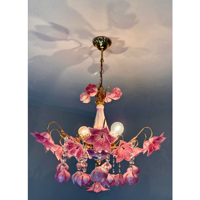 Vintage Murano Style Large Chandelier, Pink Floral Chandelier, Bouquet Style Ceiling Light, 4-Light Flush Mount For Sale - Image 9 of 16