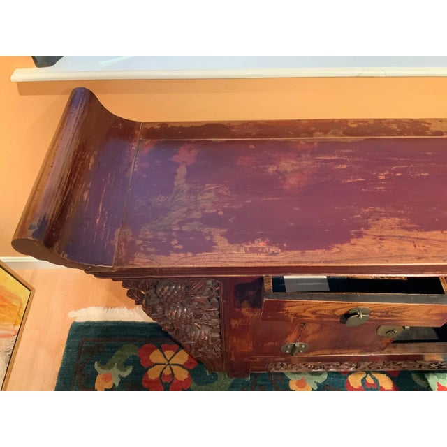 Chinoiserie Vintage Chinoiserie Carved Altar Style Sideboard - Distressed For Sale - Image 3 of 7