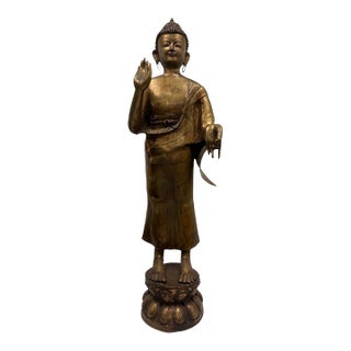 Vintage 4-Foot Hand-Cast Brass Standing Buddha Statue on Lotus Pedestal - 70 LBS For Sale