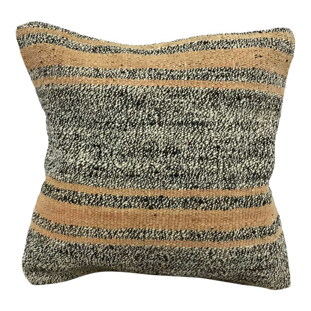 Vintage Turkish Handmade Black White and Peach Kilim Pillow Cover For Sale