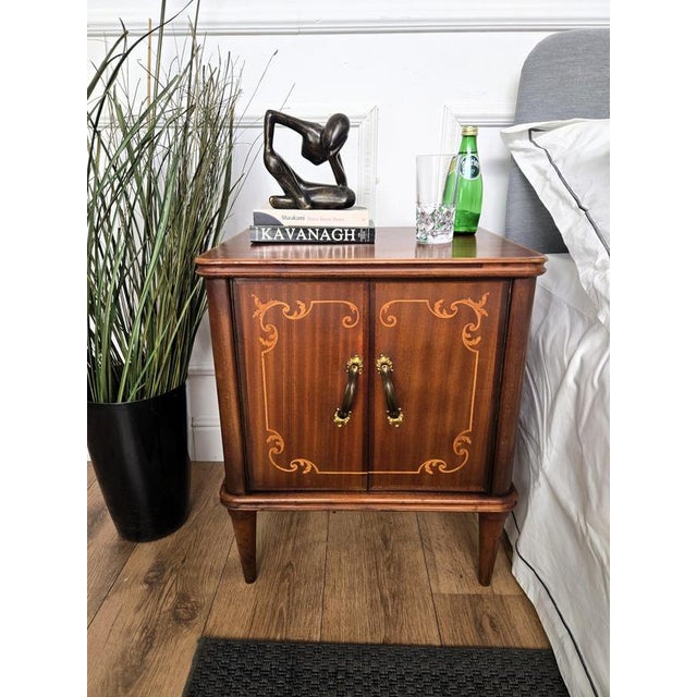 Beautiful Italian 1950s Mid-Century Modern pair of night stands bed side tables with simple and elegant wooden squared...