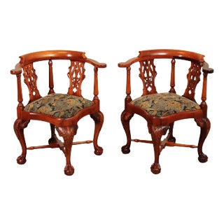 Chippendale Style Pair Of Mahogany Ball And Claw Corner Chairs For Sale
