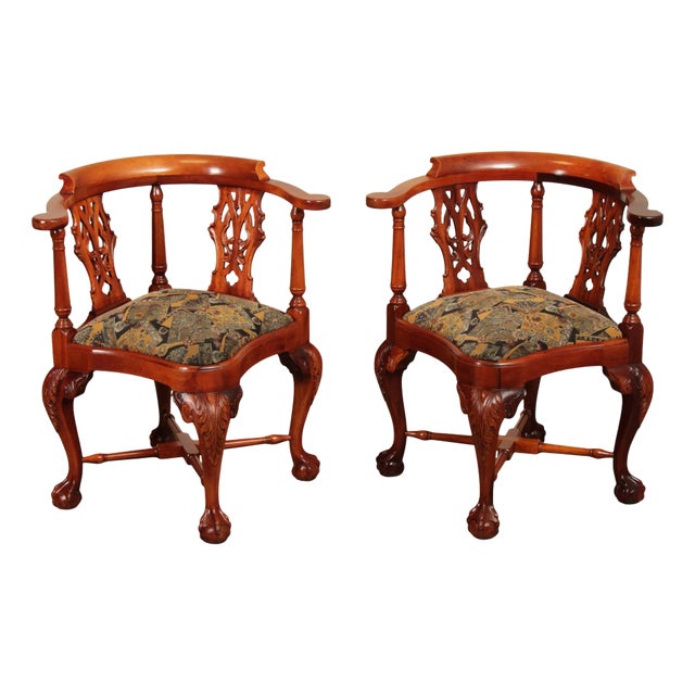Chippendale Style Pair Of Mahogany Ball And Claw Corner Chairs For Sale