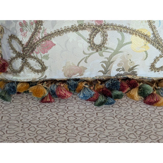 Cream Custom Scalamandre Silk Floral Throw Pillows With Cord Work and Tassel Fringe For Sale - Image 8 of 13