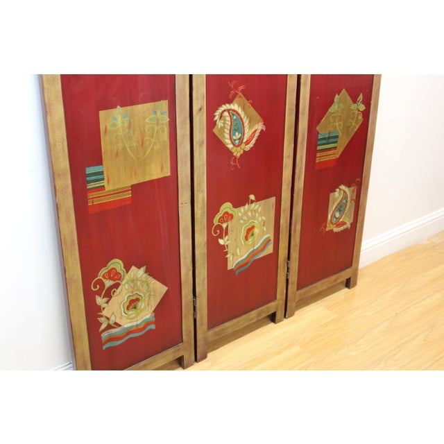 Traditional Three Panel Hand Painted Folding Screen For Sale - Image 3 of 9