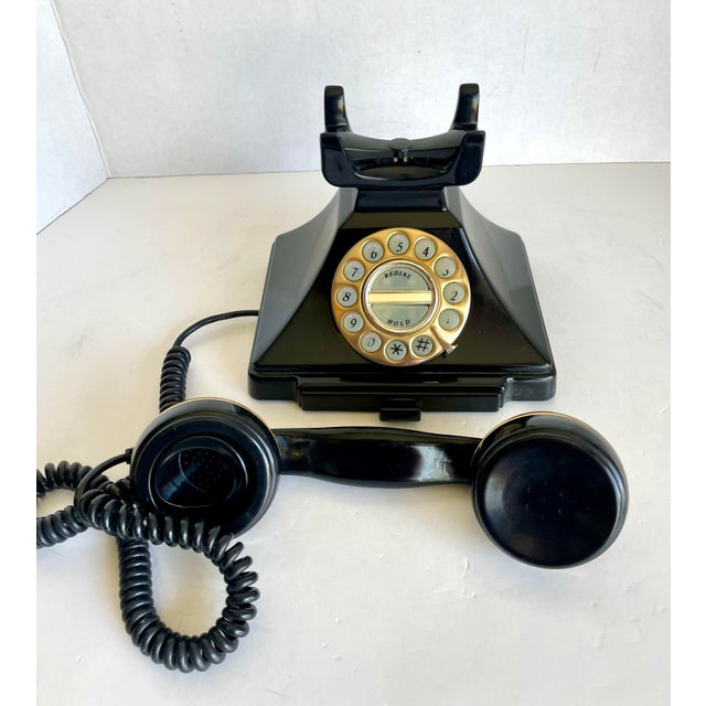 Vintage-Inspired Rotary Style Black Desk Telephone With Brass Dial For Sale - Image 4 of 10