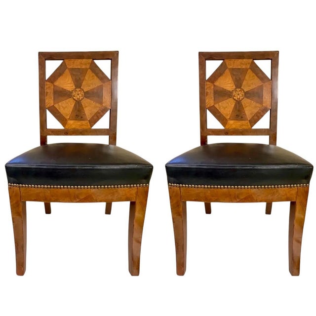 19th-C. Inlaid Biedermeier Style Side Chairs - Black Leather Upholstery -Pair For Sale In Atlanta - Image 6 of 7