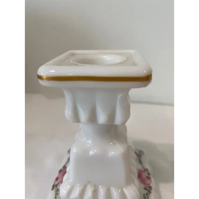 Westmoreland Glass Westmoreland Milk Glass Hand Painted Roses and Bows Candlesticks - a Pair For Sale - Image 4 of 8