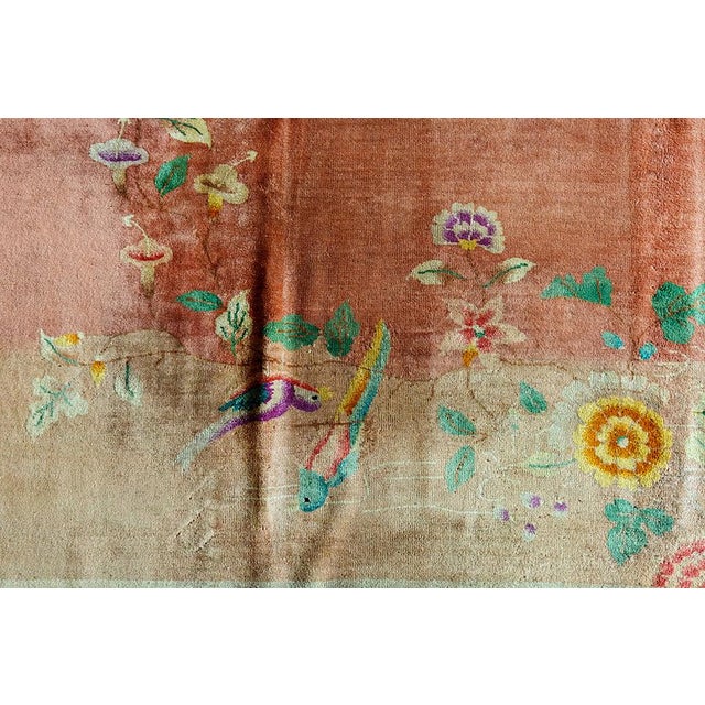 1920s Scenic Coral Antique Chinese Art Deco Bird Knotted Wool Carpet Rug For Sale - Image 10 of 11