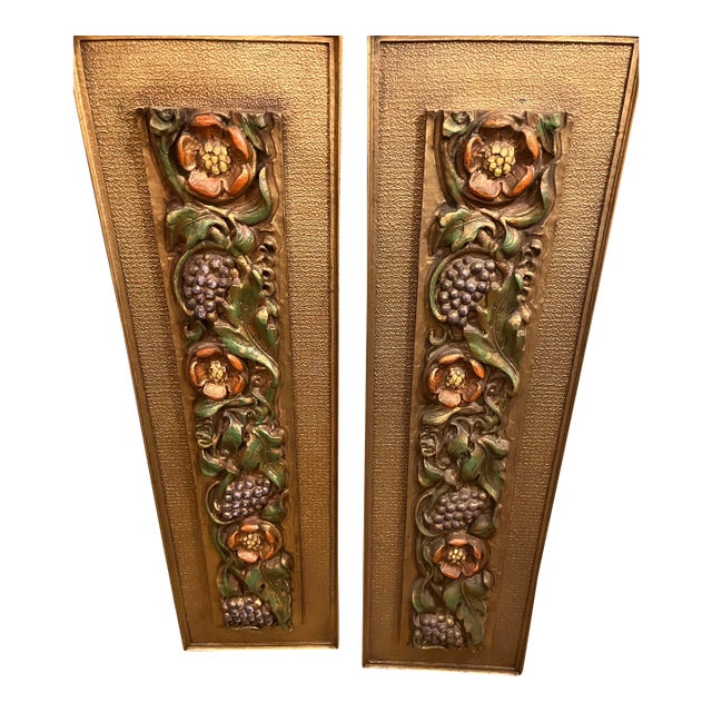 Set of 2 Vintage Syroco MCM 3d Goldtone Wall Plaques Ornate Floral & Fruit Motif 20”x 8”ea For Sale