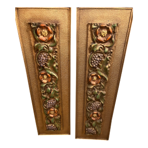 Set of 2 Vintage Syroco MCM 3d Goldtone Wall Plaques Ornate Floral & Fruit Motif 20”x 8”ea