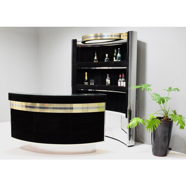 Hollywood Regency Bar in Black Suede, Brass and Chrome, 1970s For Sale - Image 3 of 18