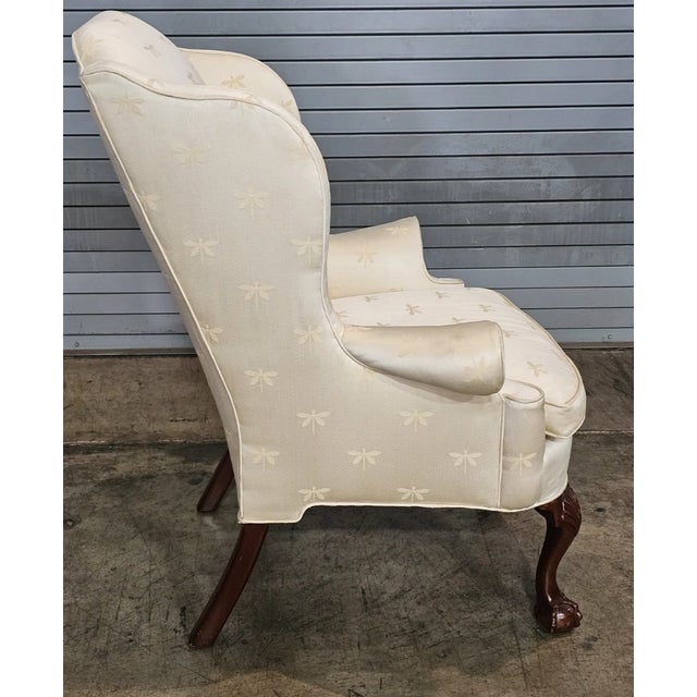 Late 20th Century Kindel Winterthur Collection Clawfoot Wing Chair Yellow Silk Drangonfly Fabric For Sale In Cleveland - Image 6 of 7