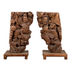Pair of Qing 19th Century Hand Carved Wooden Temple Corbels with Warriors
