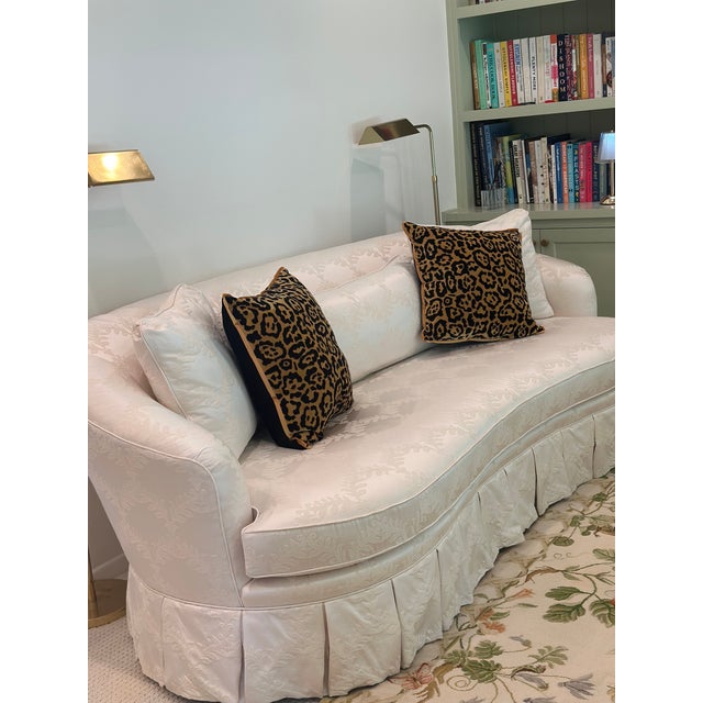 Mid-Century Modern Vintage Curved Skirted Sofa Reupholstered in Ivory Silk Damask For Sale - Image 3 of 13