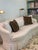 Mid-Century Modern Vintage Curved Skirted Sofa Reupholstered in Ivory Silk Damask For Sale - Image 3 of 13
