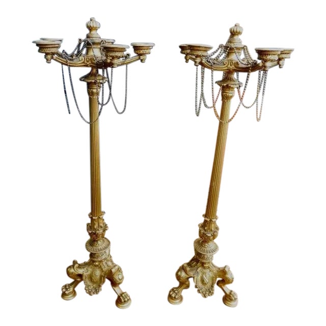19th Century French Empire 5-Light Dore Bronze Candelabras - a Pair For Sale