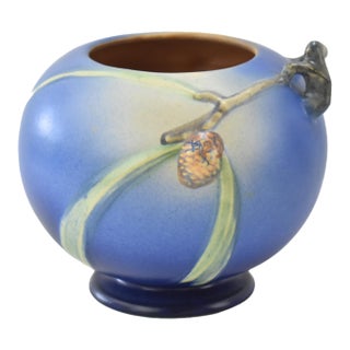1930's Roseville Pine Cone Blue Vintage Art Pottery Ceramic Bowl or Vase, 261 - 6 For Sale