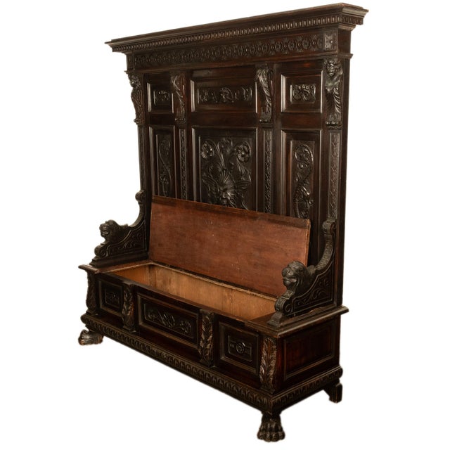 Brown Antique 19th Century Italian Renaissance Revival Carved Hall Bench Storage Settle 1880 For Sale - Image 8 of 15