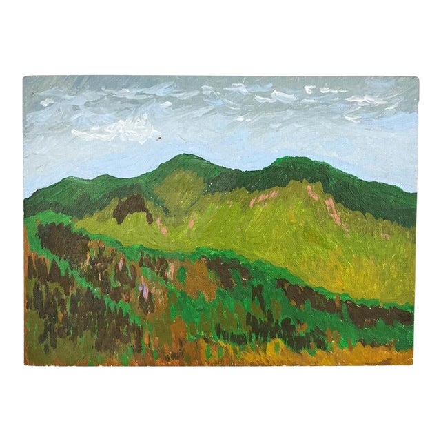 Vintage Green Mountain Landscape – Mid-Century Modern Oil Painting on Board For Sale