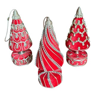 Vintage Red Velvet Tree Christmas Ornaments With Gold Cord/Bead Trim- Set of 3 For Sale