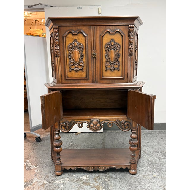 Early 20th Century Empire Manufacturing Company Tudor Revival Walnut Highboard Cabinet, Circa 1920's For Sale - Image 5 of 12