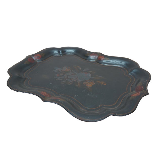 Victorian Antique Hand Painted Scaloped Floral Rose Toleware Serving Tray For Sale - Image 3 of 12