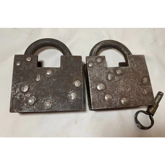 Black Pair of Rare Antique Hidden Key 1800's Pad Lock Solid Steel Wrought Iron Key For Sale - Image 8 of 10
