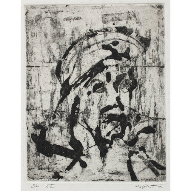 "t.e.", 3/7 Abstracted Monochromatic Portrait 1970 Woodcut For Sale - Image 4 of 4