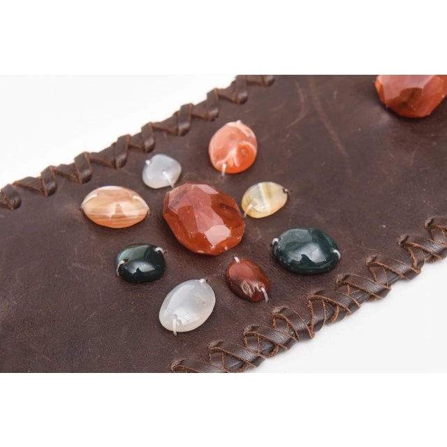 1990s Signed Brown Stitched Leather and Colored Agate Stones Tie Waist Belt With Tassels For Sale - Image 4 of 10