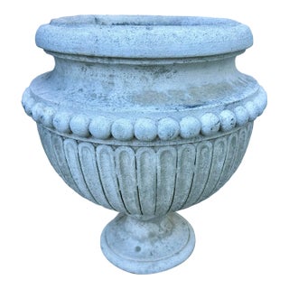 Vintage Neoclassical Beaded White Cement Fluted Pedestal Urn Planter For Sale