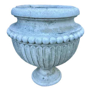 Vintage Neoclassical Beaded White Cement Fluted Pedestal Urn Planter