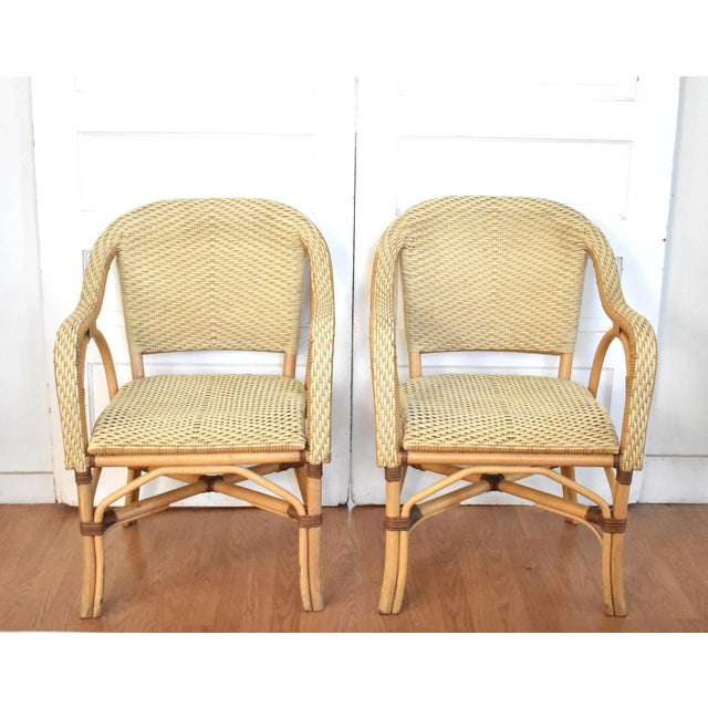 Contemporary Set of 4 Cream French Rattan Serena and Lily "Riviera" Style Armchairs For Sale - Image 3 of 8