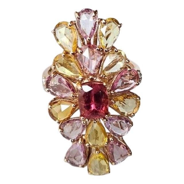 Set in 18k Rose Gold, Pink Sapphires, Tourmaline & Diamond Cluster Cocktail Ring, Size 6 For Sale