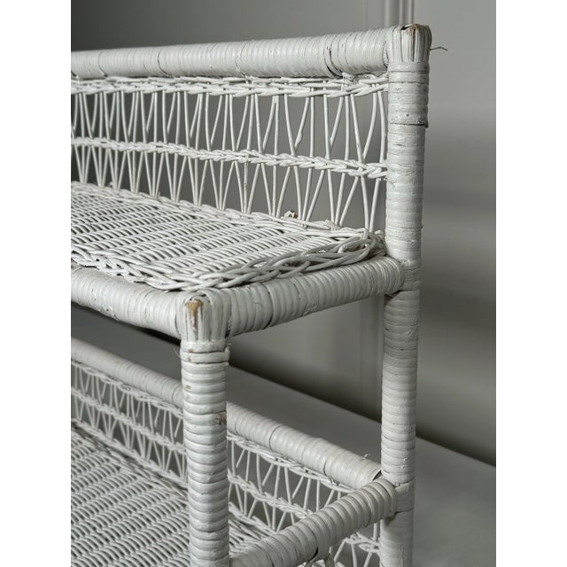 Vintage Coastal White Wicker Double Wall Shelf Towel Bar For Sale - Image 10 of 12