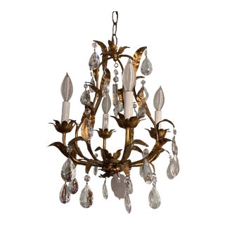 1950s Brass and Crystal Chandelier For Sale