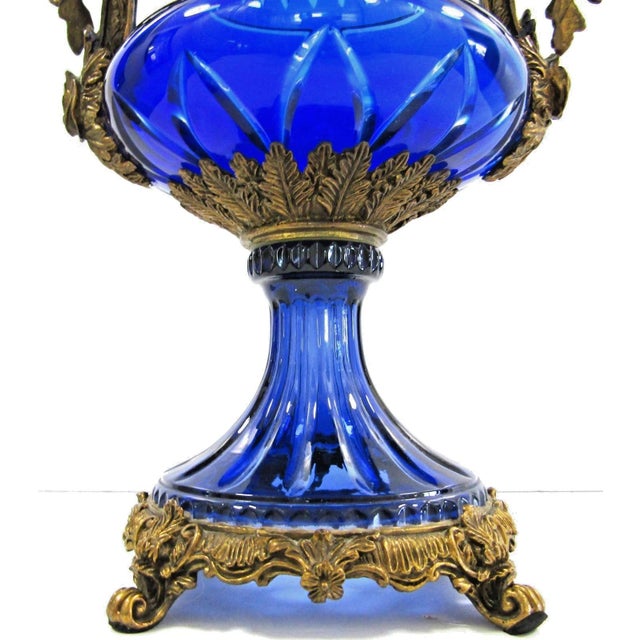 Pair Antique Cobalt Blue Glass Vases With Ornate Bronze Rim, Handles and Mount For Sale - Image 10 of 18