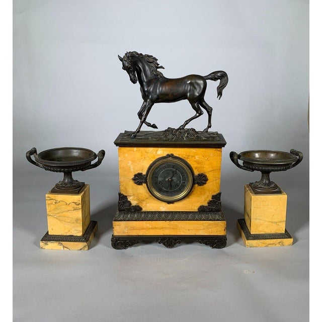 Charles X Style Mantelpiece Set with Horse Clock and Pair of Casseroles For Sale