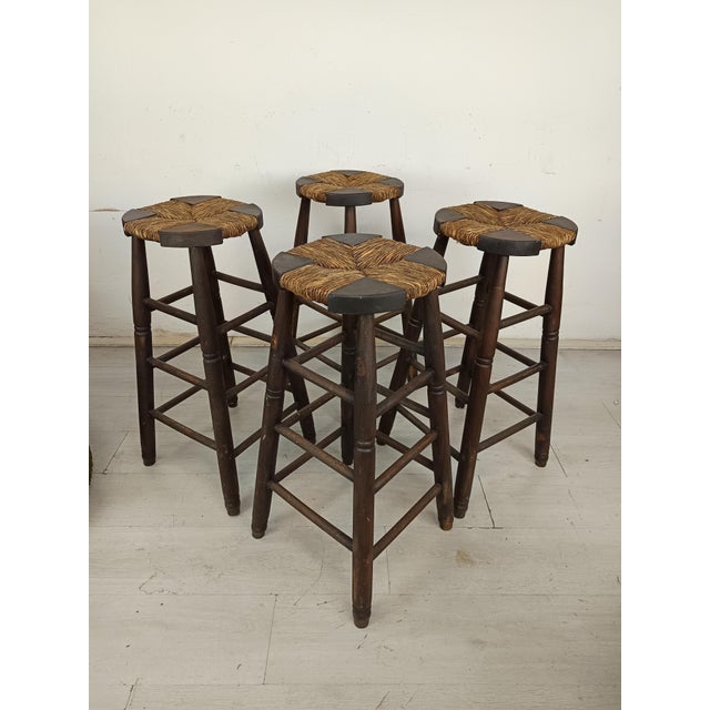 Brutalist Stools in Wood and Straw, 1950s, Set of 4 For Sale - Image 15 of 15