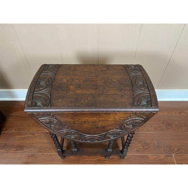 Petite Antique English Side Sofa Table Barley Twist Drop Leaf Gateleg Carved Oak For Sale - Image 11 of 18