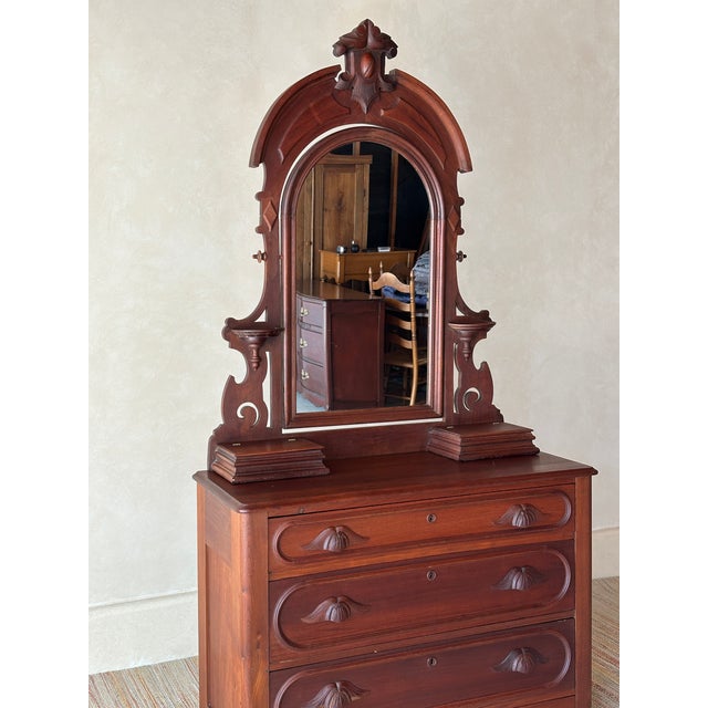 Antique Mid-19th Century Walnut Dresser With Arched Mirror & Hidden Drawer For Sale - Image 9 of 11