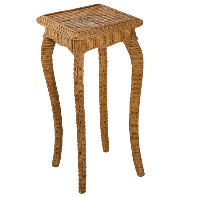 Vintage 1960s Tall Wicker Plant Stand W/ Wavy Cabriole Legs / Palm Beach Regency Pedestal For Sale In Philadelphia - Image 6 of 17