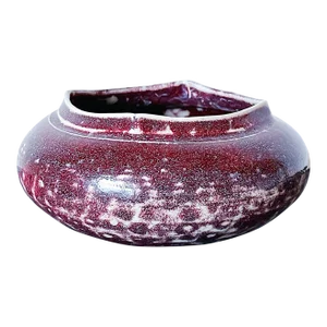 Vintage Hand Thrown Pottery Bowl in Burgundy and Cream Glaze With Square Pinched Mouth / Lip, Signed