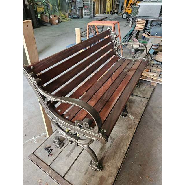 Metal 1950s Attributed Restored Woodstock, Vermont Bench Mfg. Co. Cast Iron Garden Bench With Oiled Ipe Slats (Bronze Finish) For Sale - Image 7 of 12
