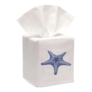 Blue Morning Starfish Tissue Box Cover in White Linen & Cotton, Embroidered For Sale