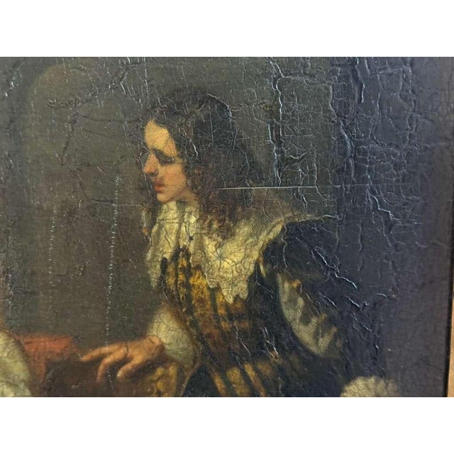 Textile French 19th Century Genre Scene in an 18th Century Interior, Signed “Monfallet” and Dated 1853, Oil on Canvas. For Sale - Image 7 of 11
