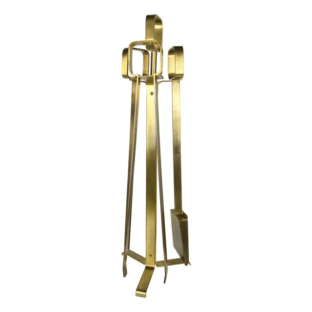 Italian Brushed Brass Fireplace Tools, 1970s For Sale