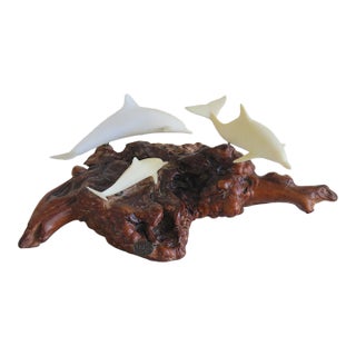 Vintage John Perry Dolphin Pod Sculpture on Natural Burlwood Base – 14" For Sale