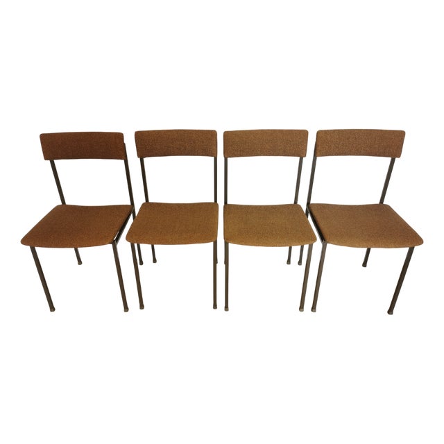 Vintage Industrial Black Metal School Chairs with Brown Fabric Seats, 1970s, Set of 4 For Sale
